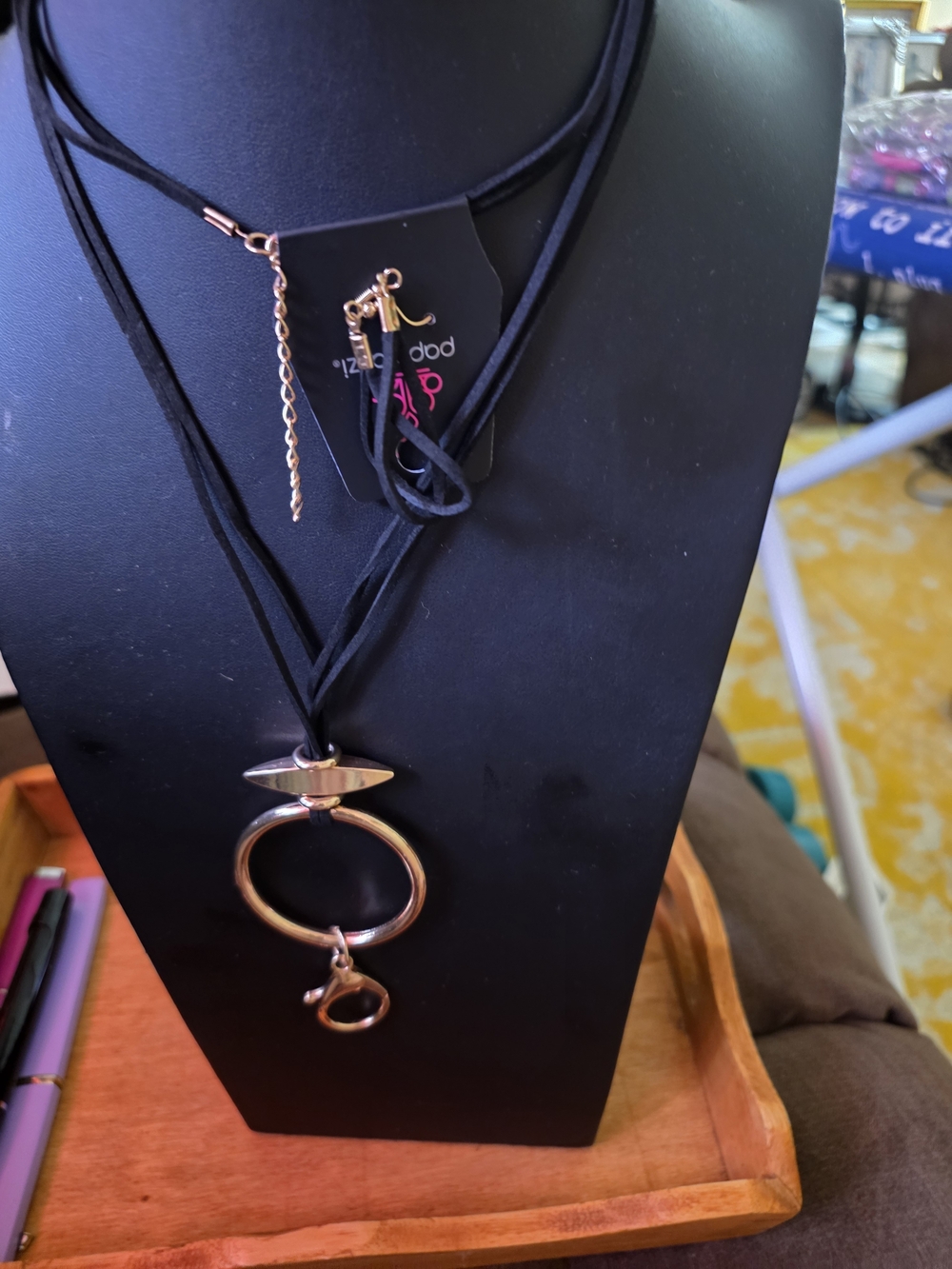 Black Suede Layered Necklace with Gold Rings - Unbranded